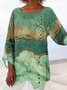 Vintage Geometric Texture Printed 3/4 Sleeves Round Neck Casual Top