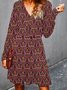 Cotton-Blend Floral-Print Long Sleeve V Neck Weaving Dress