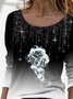 Black Floral Ombre/Tie-Dye Printed Rhinestone Casual Long Sleeve Shift Top