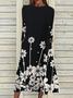 Floral-Print Crew Neck Long Sleeve Casual Weaving Dress