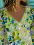 Vintage Floral Leaves Printed V Neck Long Sleeve Plus Size Casual Tops