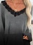 Black Ombre/Tie-Dye Lace V Neck Casual Long Sleeve Shift Tops