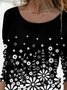 Black Floral Printed Round Neck Casual Long Sleeve Shift Tops