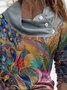 Vintage Multicolor Peacock Printed Long Sleeve Cowl Neck Casual Top