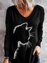 Halloween Cat Print Animal Print V Neck Long Sleeve Top