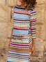 Vintage Geometric Printed Crew Neck Color-Block Long Sleeve Casual Knitting Dress