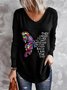 Casual Long Sleeve V Neck Plus Size Printed Tops T-shirts