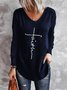 Vintage Faith Letter Printed Long Sleeve V Neck Plus Size Casual Tops