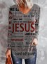Vintage Jesus Letters Printed V Neck Long Sleeves Plus Size Casual Tops