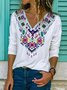 Vintage Geometric Floral Printed V Neck Long Sleeves Plus Size Casual Tops