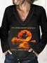 Vintage Halloween Letters Printed V Neck Long Sleeves Casual Top