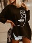 Vintage Abstract Face Printed Crew Neck Long Sleeve Plus Size Casual Tops