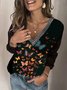 Vintage Butterfly Printed Long Sleeve V Neck Plus Size Casual Tops