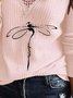 Vintage Dragonfly Printed Long Sleeve Lace V Neck Plus Size Casual Tops