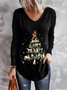 Christmas Xmas Long Sleeve V Neck Plus Size Printed Top T-shirt Xmas T-shirt
