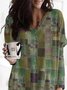 Vintage Geometric Printed Long Sleeves V Neck Pockets Plus Size Casual Tops