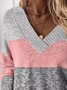 Casual V neck Loosen Color Block Sweater