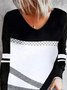 Color-block Geometric Striped Printed Long Sleeves V Neck Casual Top
