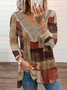 Color-block Geometric Printed Long Sleeves Lace V Neck Casual Tops