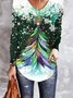 Christmas Printed V Neck Casual Long Sleeve T-shirt Xmas T-shirt