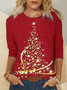 Christmas Tree Print Crew Neck T-shirt Holiday Xmas Jersey Micro-Elasticity Loose Long Sleeve T-shirt