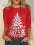 White Christmas Tree On Red Casual Crew Neck Top