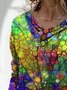 Casual Colorful Print V Neck Long Sleeve Top