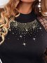 Shiny Dots Patchwork See-through Look Long Sleeve Crew Neck Casual Women Top
