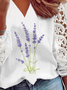 Casual v-neck lavender print lace stitching top Women