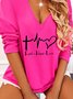 Casual Long Sleeve V Neck Heart Printed Top Pink T-shirt