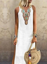 Loosen Vacation Linen Simple  Ethnic V Neck Short sleeve Woven Dress