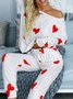 Casual Heart Long Sleeve Round Neck T-shirts With Pants