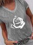 Floral Printed Casual V Neck Cotton Blends Loosen Short Sleeve T-shirt