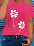 Floral Printed Loosen Casual Cotton Blends V Neck Short Sleeve T-shirt