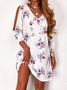 Floral V Neck Three Quarter Casual Long sleeve Woven Dress