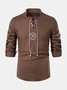Men's Cotton Linen Style Stand Collar Half Placket Cord Tie Long Sleeve Shirt