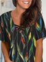 Leaves Short Sleeves Cross V Neck Plus Size Casual Tops