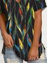 Leaves Short Sleeves Cross V Neck Plus Size Casual Tops
