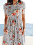 Vacation Floral Striped Casual Loosen Crew Neck Midi Short Sleeve Knit Dress