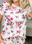 Casual Floral Loosen Pockets Crew Neck Two Piece Sets
