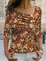 Floral Casual V Neck Buttoned Three Quarter T-Shirt