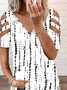 Tribal Geometric Striped Casual Hollow Out V Neck Loosen Short Sleeve Tunic T-Shirt