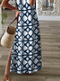 Vacation Boho Tribal Geometric Tie Dye Casual Loosen Slit V Neck Short Sleeve Long Knit Dress