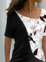 Vacation Floral Color Block Printed  Casual Loosen Asymmetrical Neck Short Sleeve T-Shirt