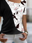 Vacation Floral Color Block Printed  Casual Loosen Asymmetrical Neck Short Sleeve T-Shirt