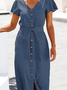 Solid Loosen Casual Short Sleeve Woven Dress With Belt
