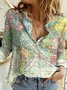 Women Casual Map Printed Collar Long Sleeve Blouse