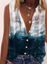 Vacation Landscape Print Casual Loosen Buttoned V Neck Short Sleeve Blouse