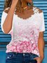 Cherry blossoms Loosen Casual V Neck Short Sleeve Pink T-Shirt