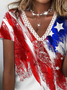 Flag Star Striped Printed Casual Loosen V NeckShort Sleeve T-Shirt